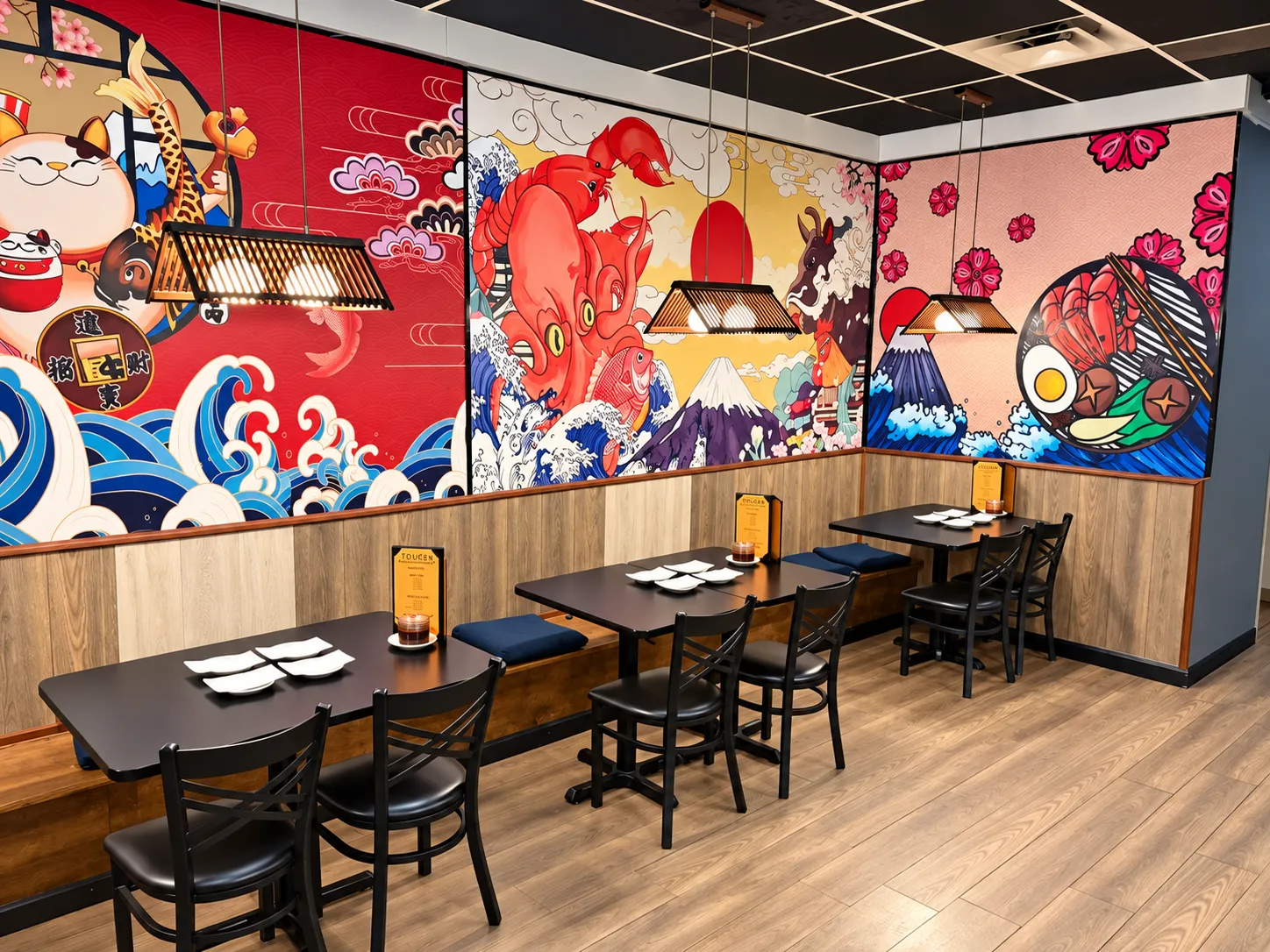 Lucky cat and octopus murals in the dining room at Tougen