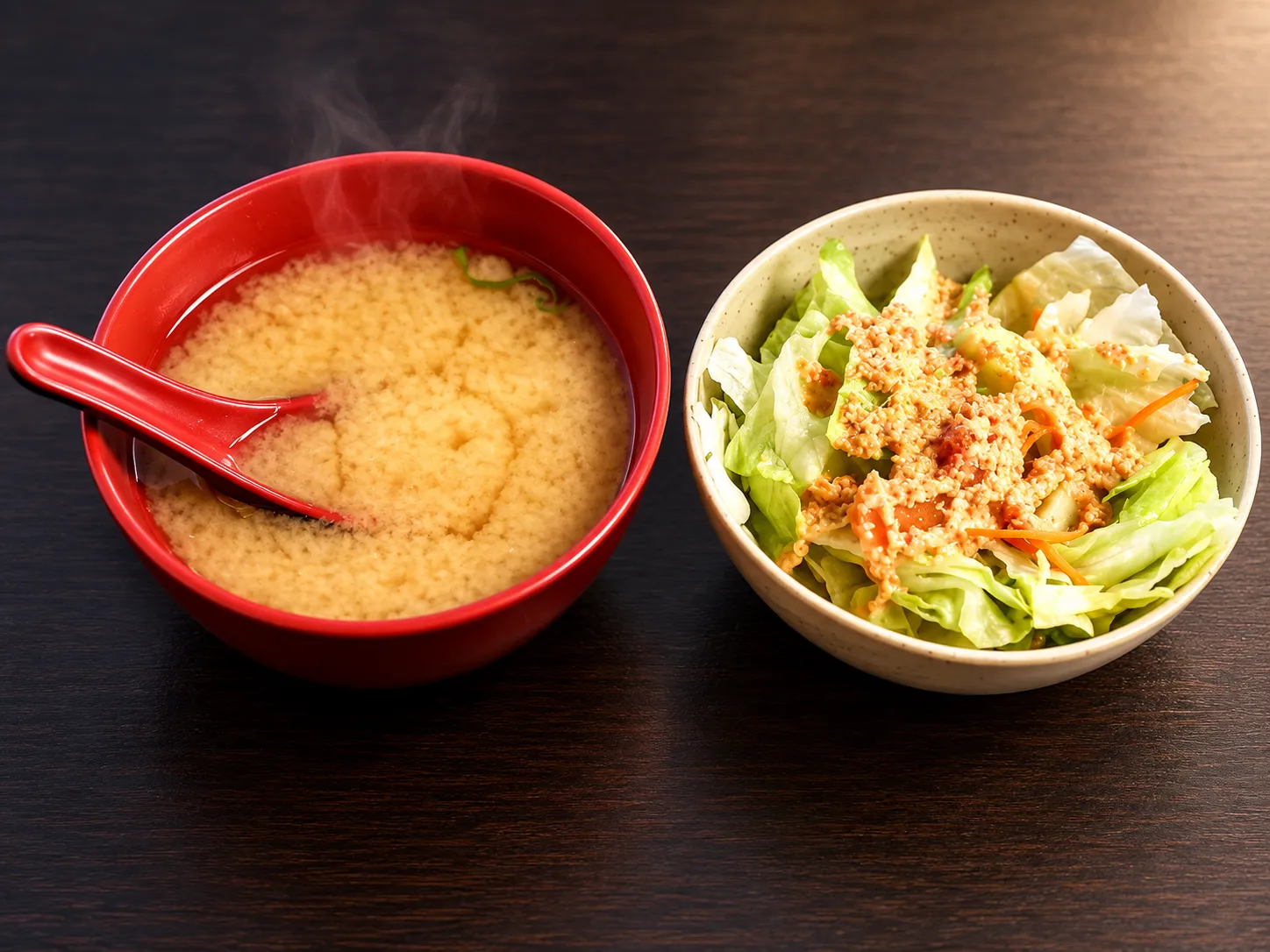 Miso soup and house salad at Tougen