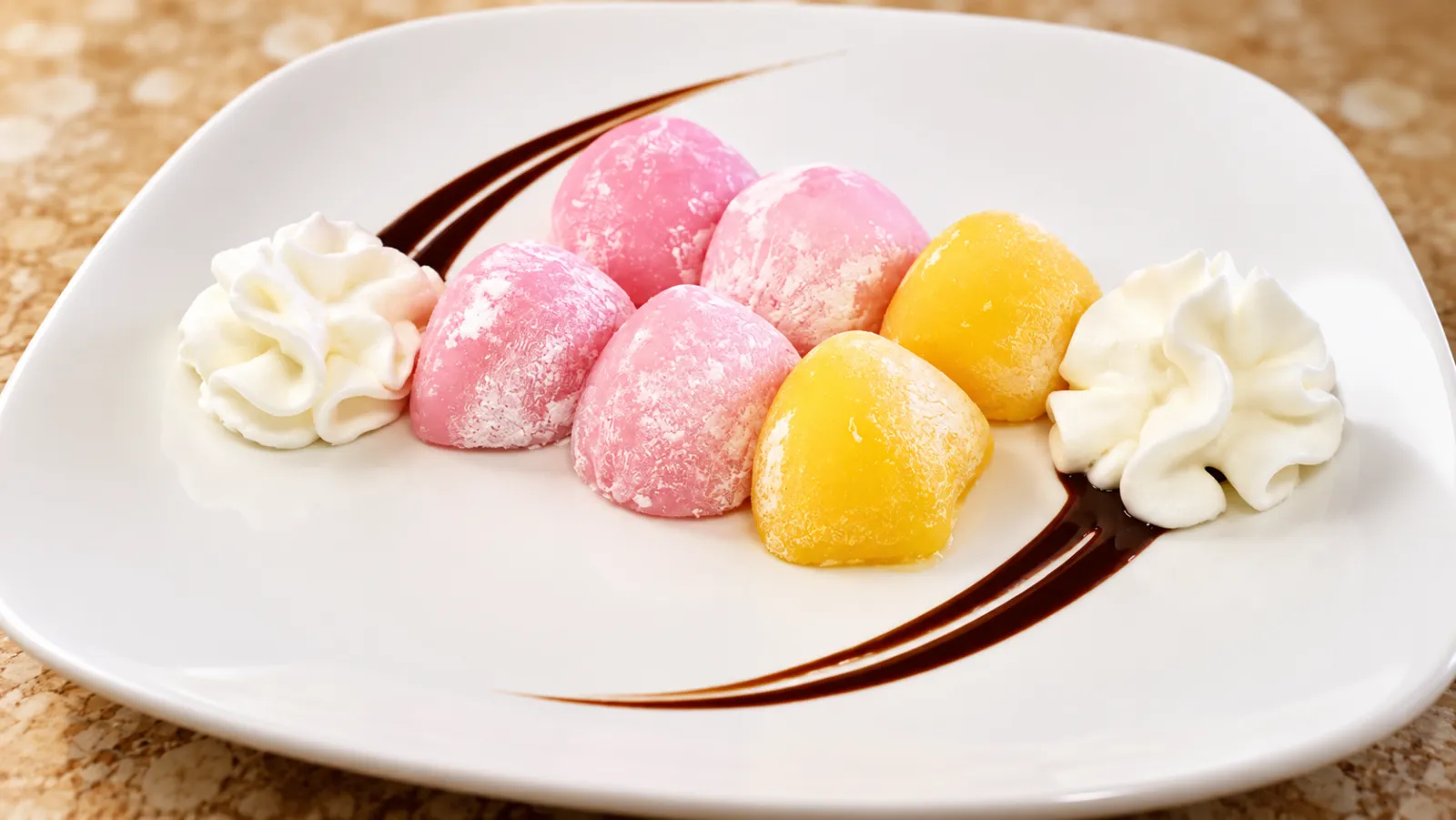 Mochi ice cream with whipped cream at Tougen