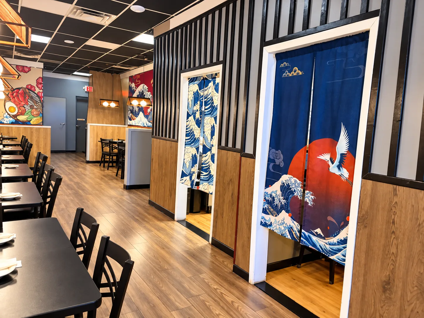 Private dining rooms behind noren curtains