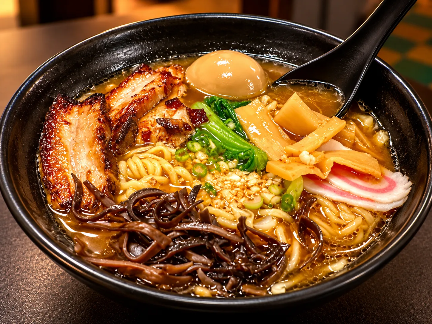 Ramen with char-siu, bamboo shoot and wood ear mushroom at Tougen
