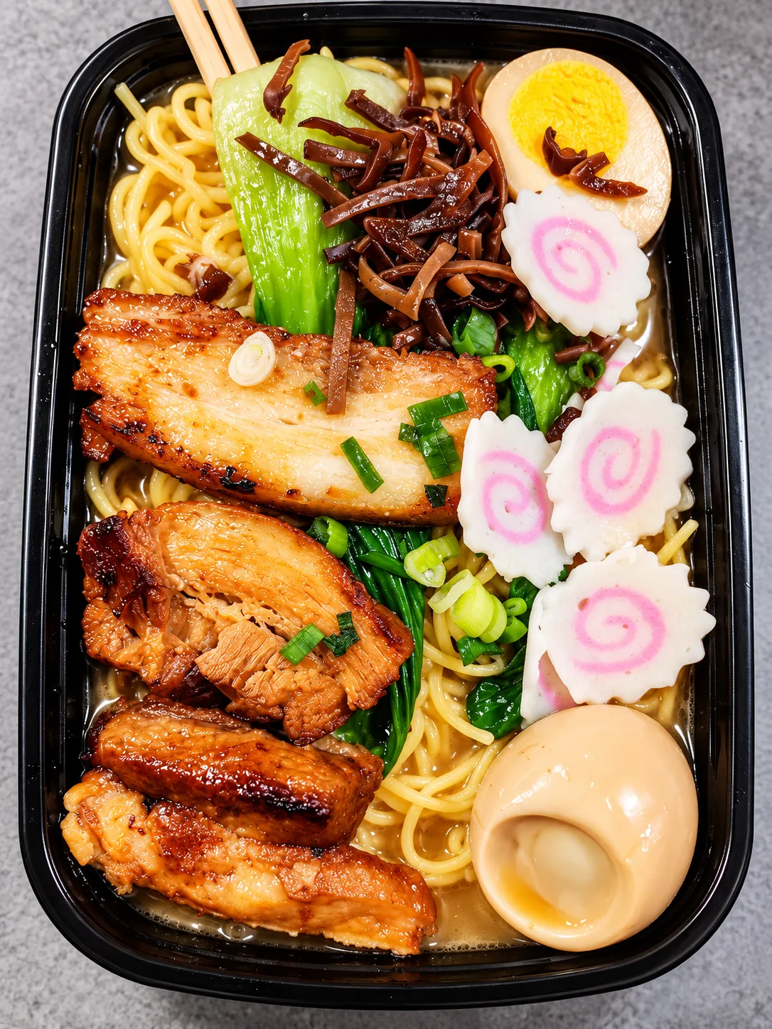 Ramen with char-siu, naruto and egg packed to go at Tougen