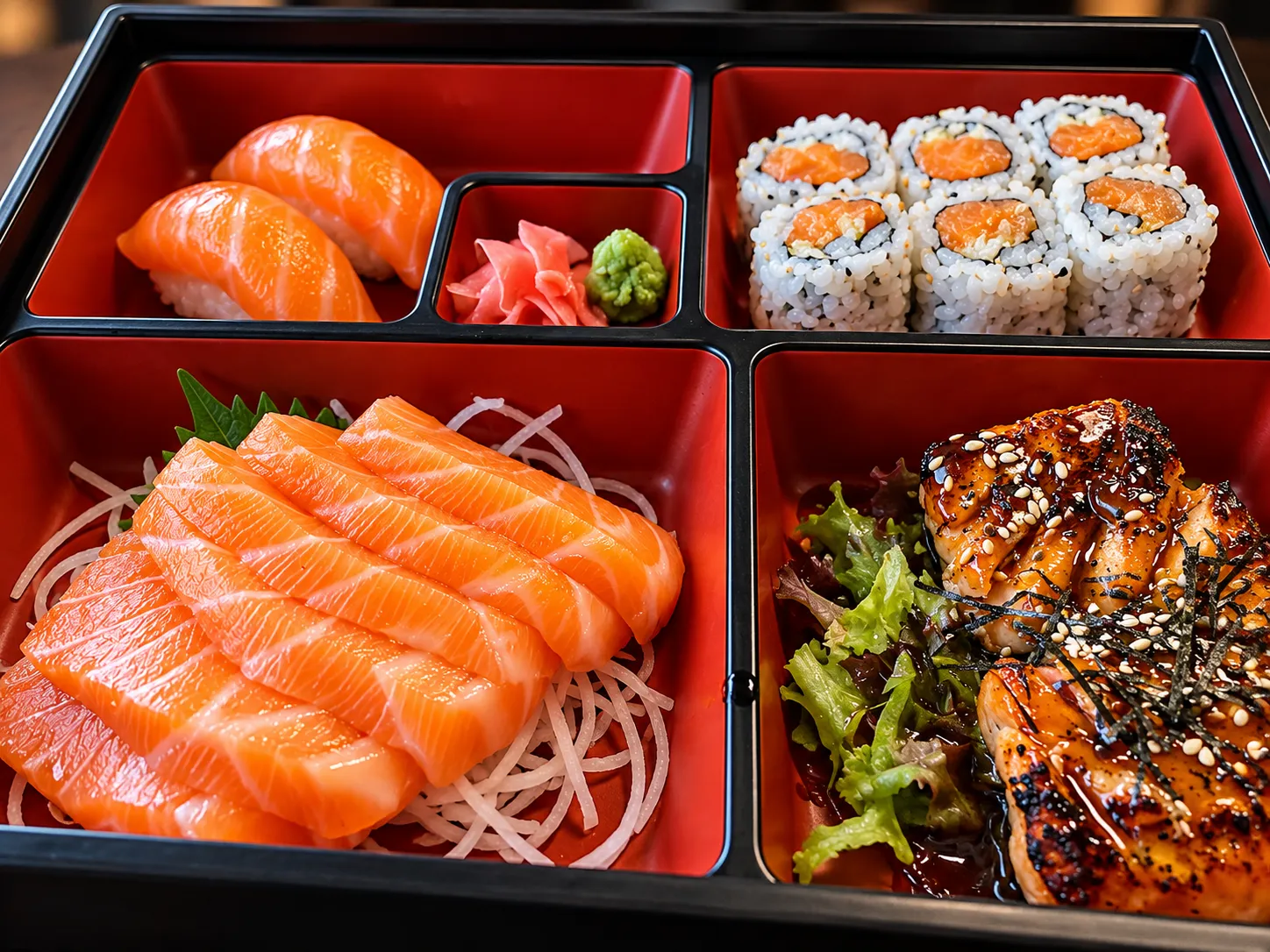 Bento box with salmon sashimi and teriyaki at Tougen