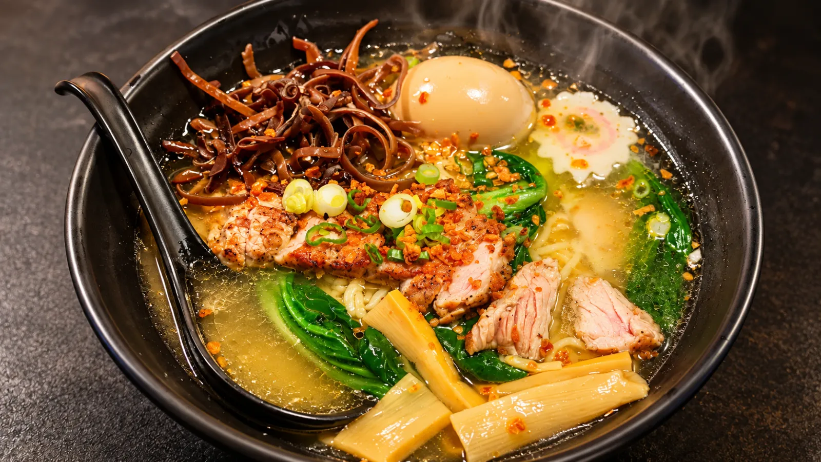 Ramen with bok choy, bamboo shoot and naruto at Tougen