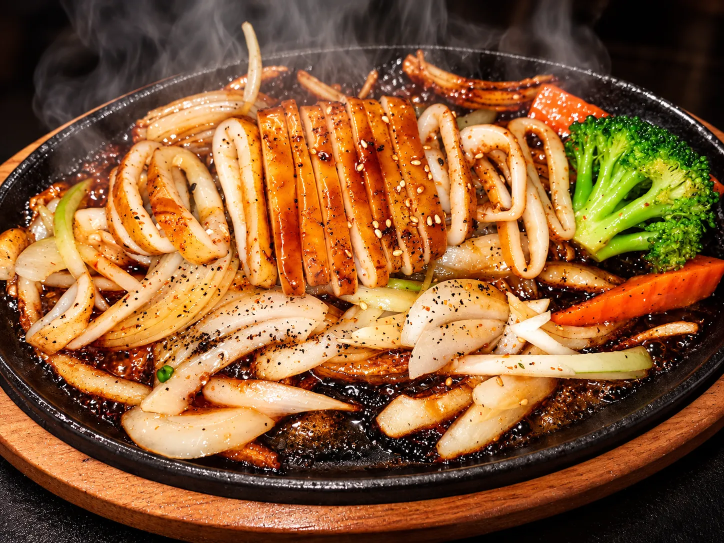 Squid on a sizzling hot plate with onion at Tougen