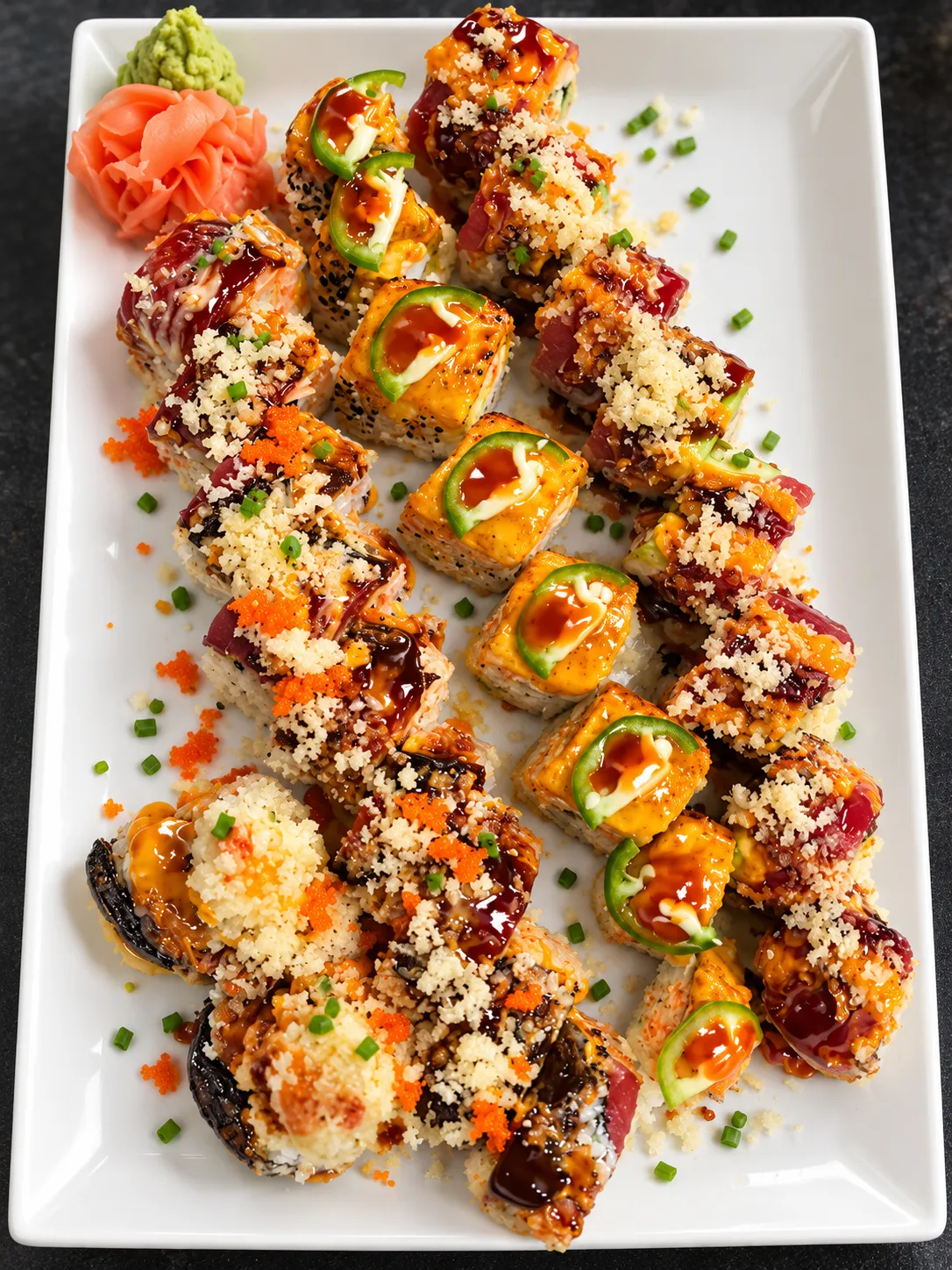 Specialty rolls with jalapeno, crunch and eel sauce at Tougen
