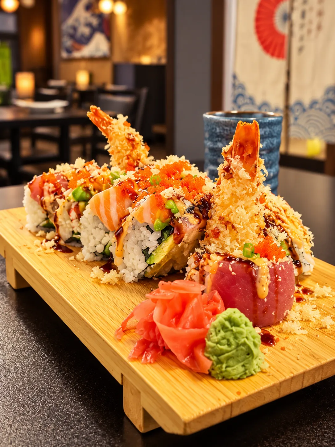 Specialty rolls with tempura shrimp and masago at Tougen