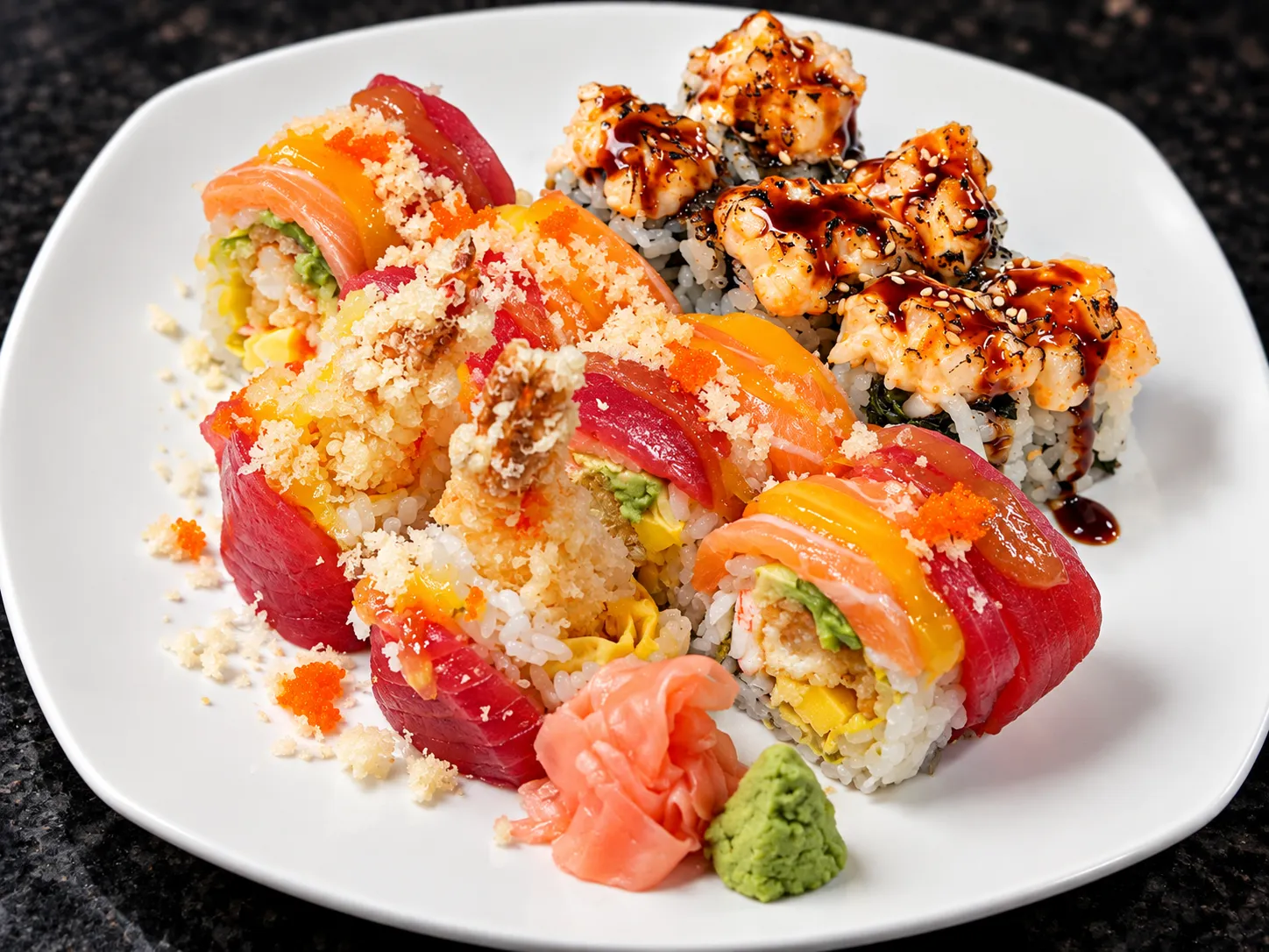 Tuna and salmon topped specialty rolls at Tougen