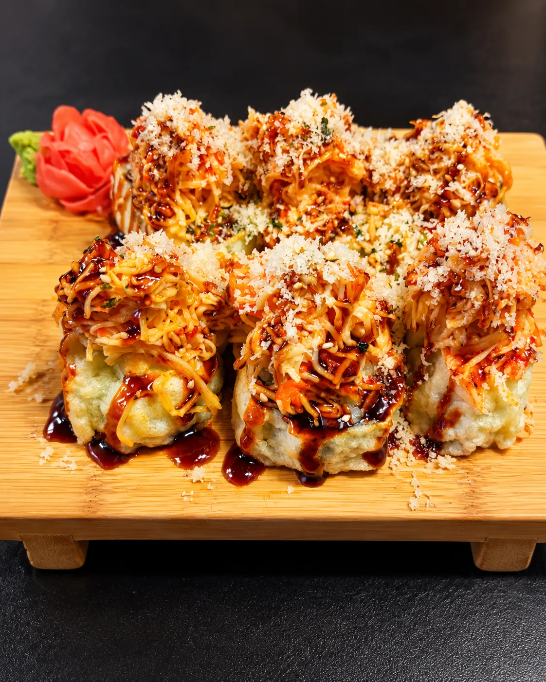 Tempura fried roll topped with spicy kani at Tougen