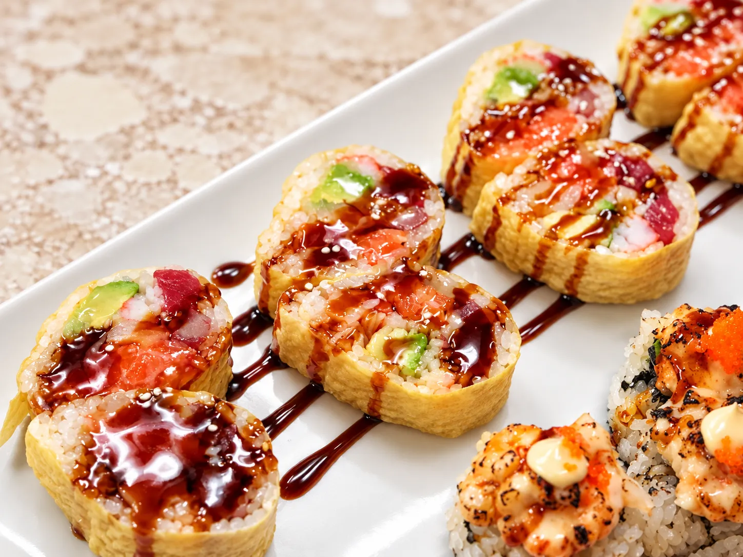 Specialty rolls with eel sauce at Tougen