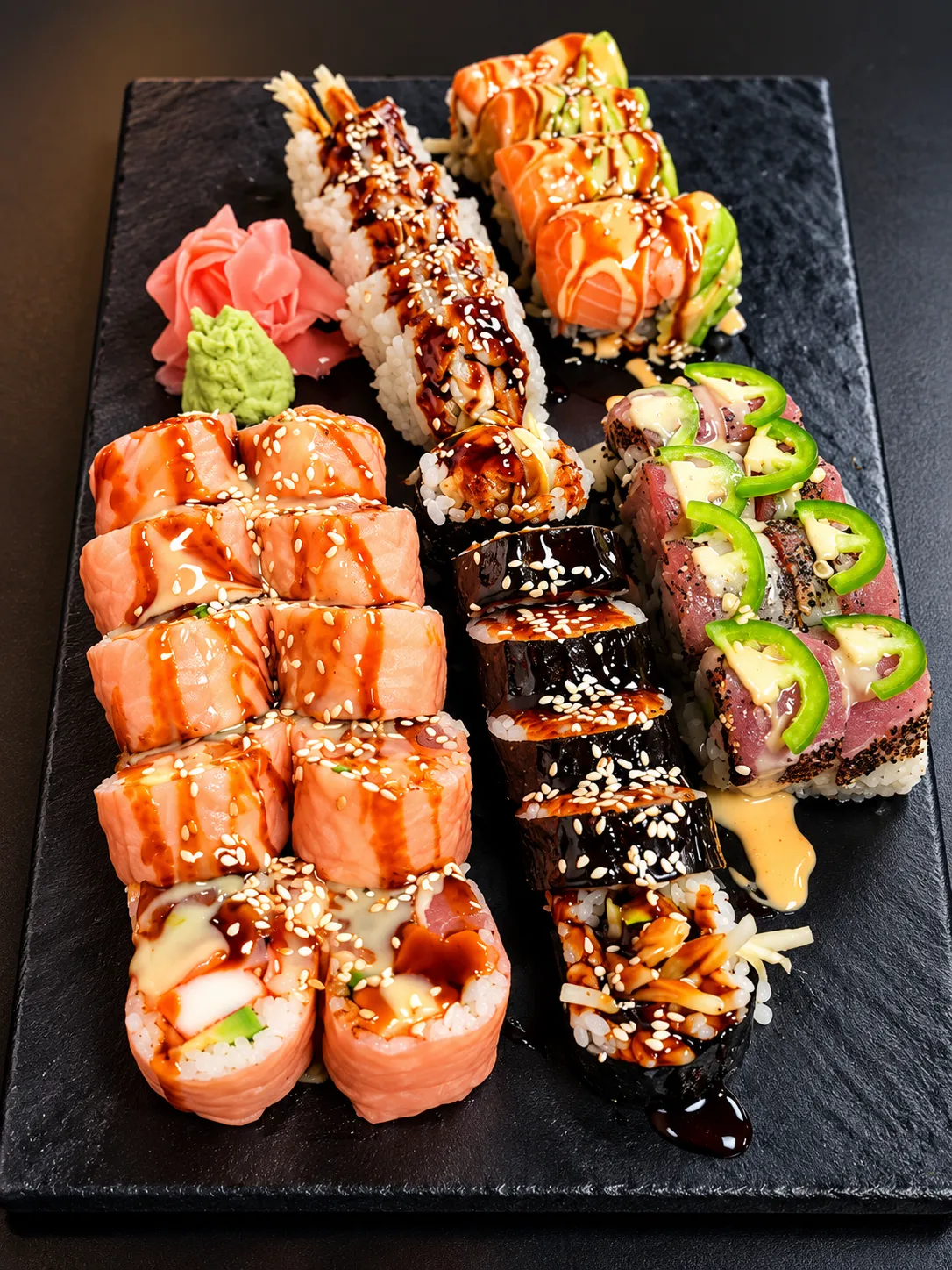 Platter of specialty rolls on slate at Tougen