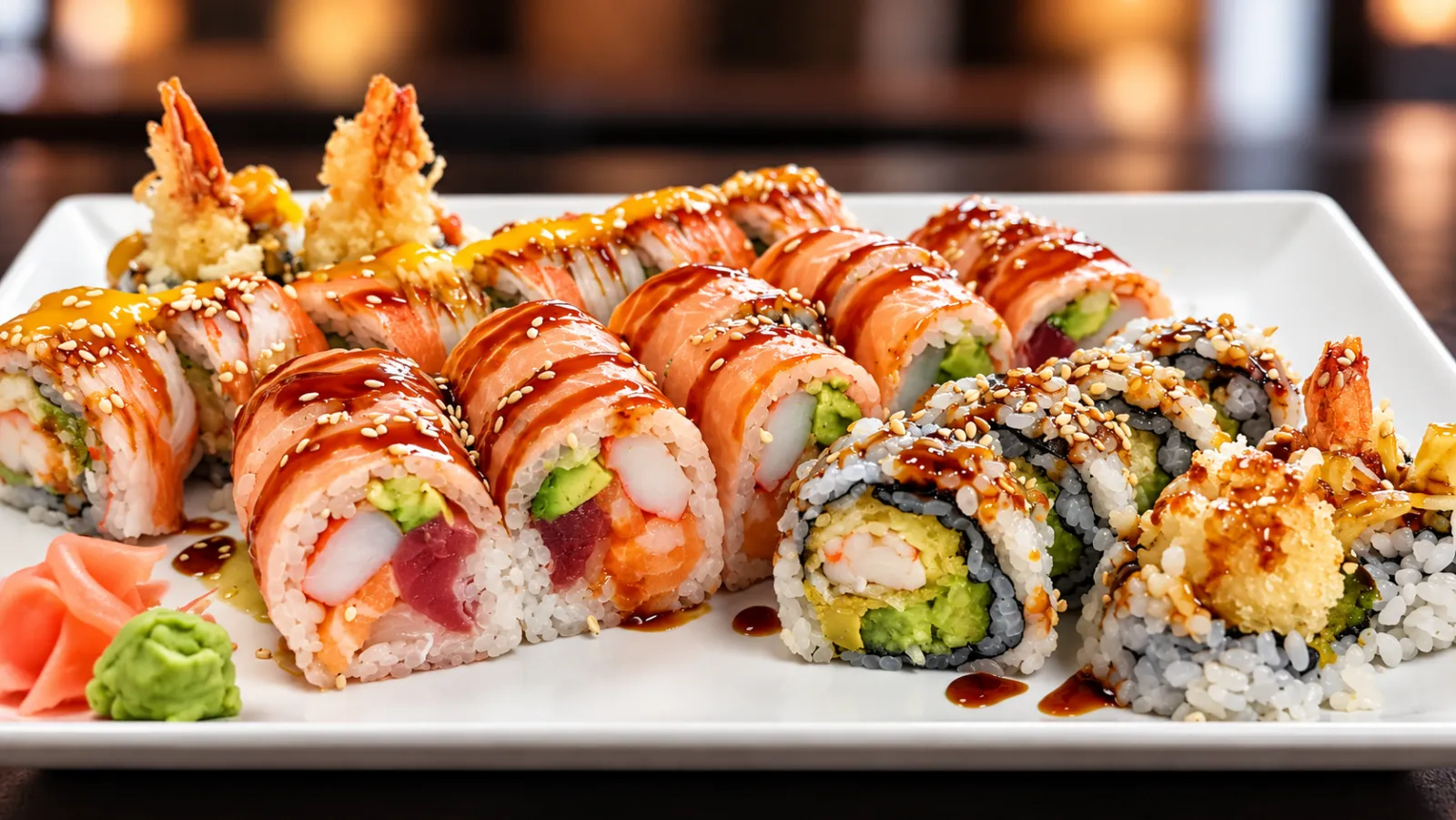 Specialty rolls with tempura shrimp and eel sauce at Tougen