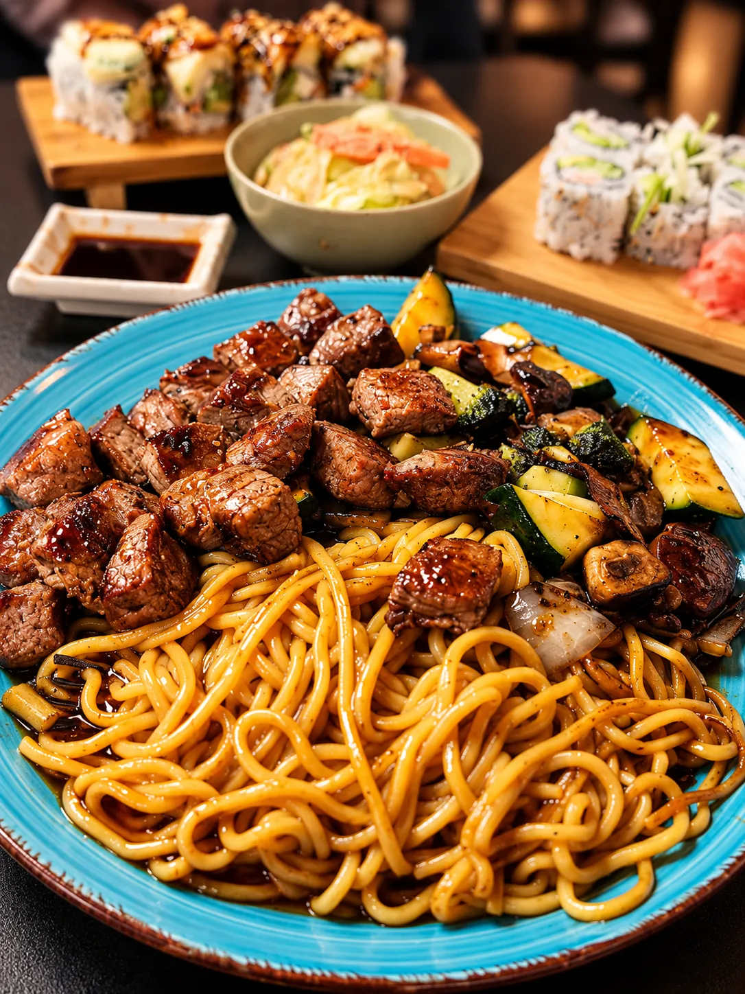 Steak hibachi with noodle and vegetables at Tougen
