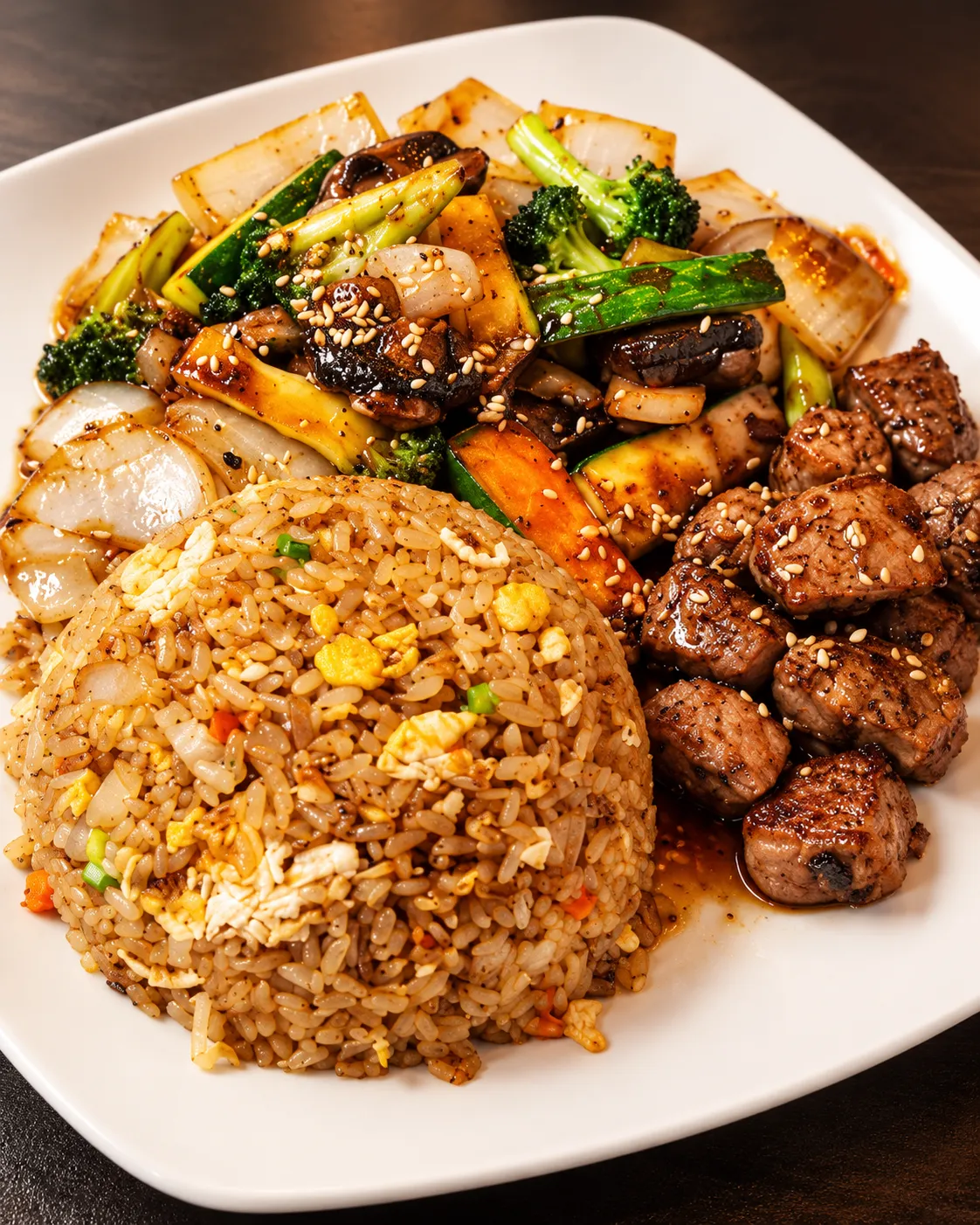 Steak hibachi with fried rice and vegetables at Tougen