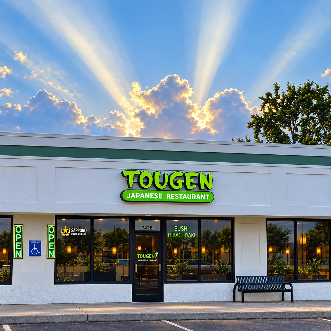 Tougen Japanese Restaurant storefront with its green sign on Central Ave