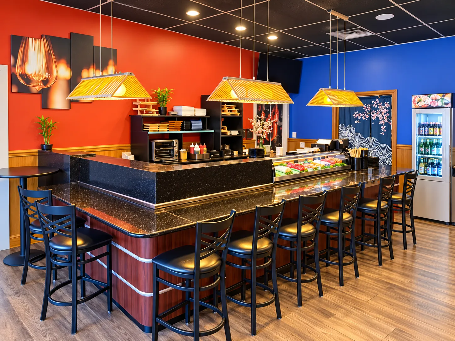 The Tougen sushi bar with bar stools, pendant lamps and the fish case