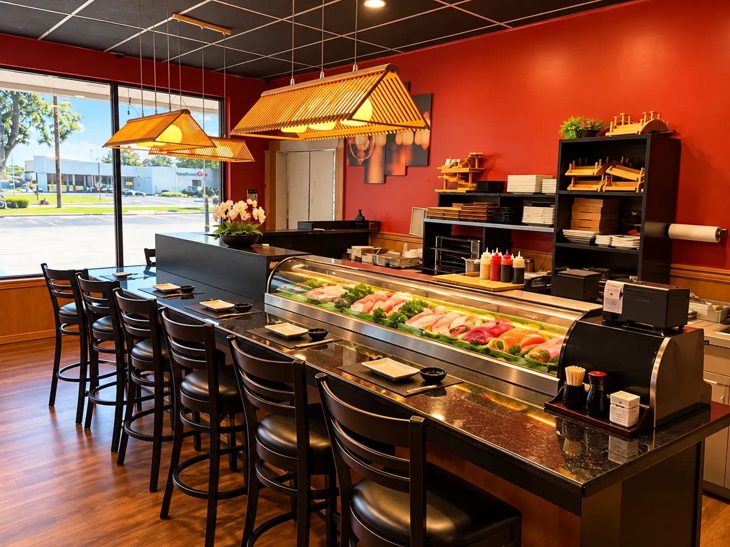 Sushi bar with a lit fish case and bar seating