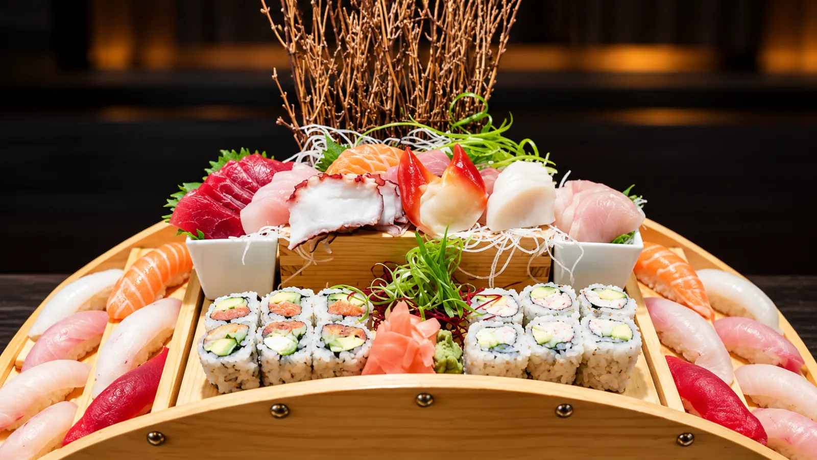 Sashimi, nigiri and rolls on a sushi boat at Tougen
