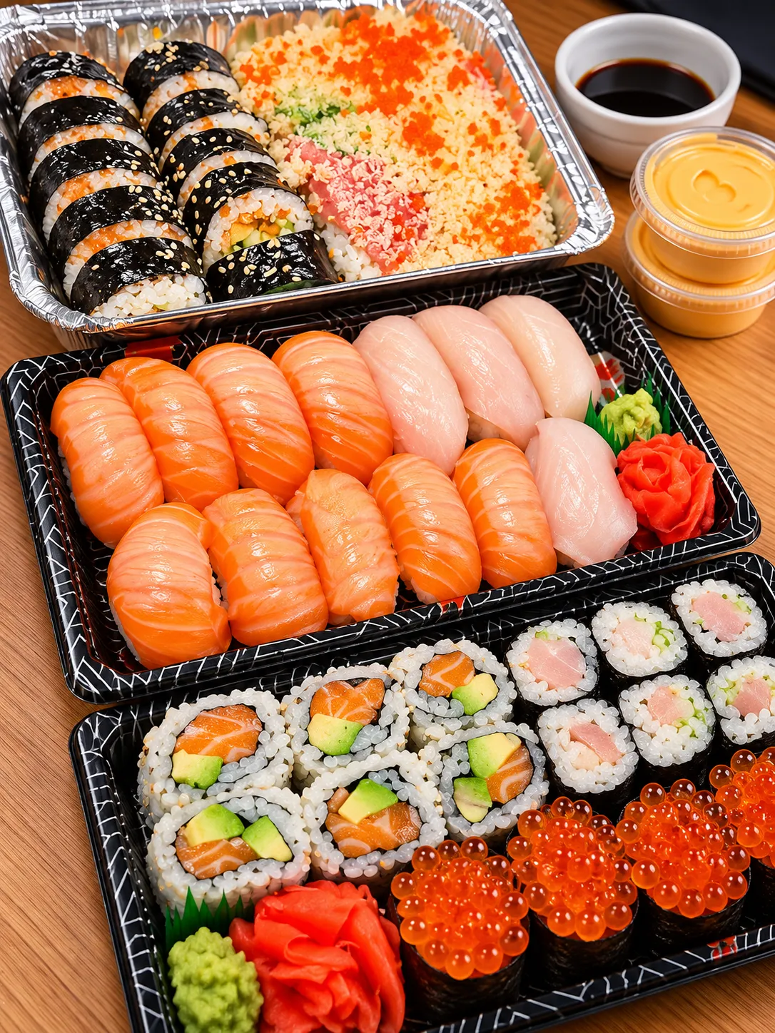 Nigiri and roll trays packed to go at Tougen