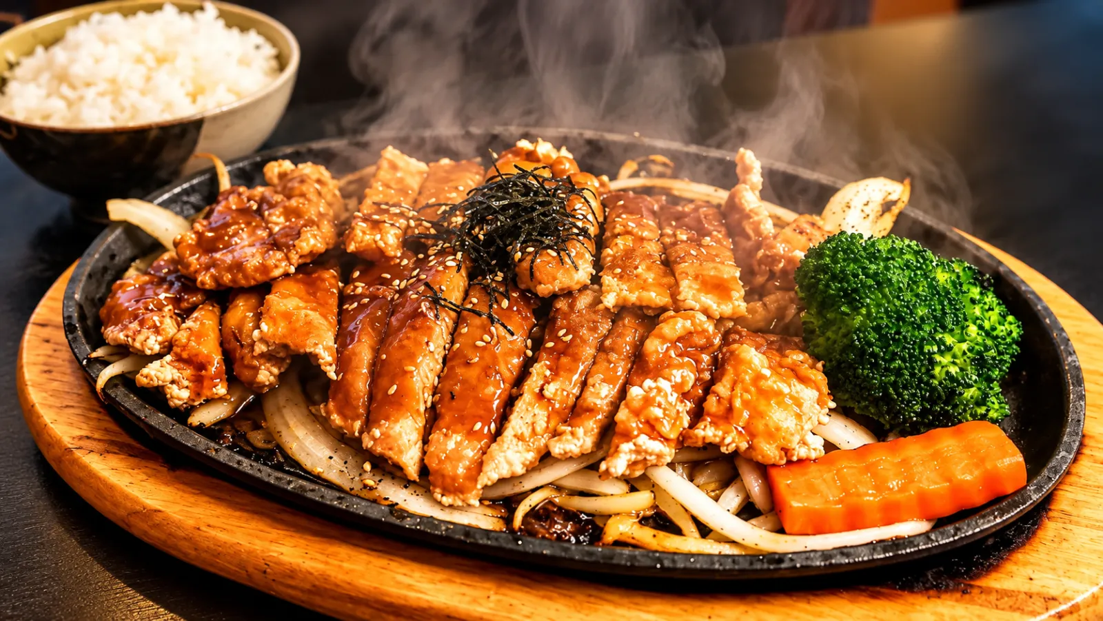 Teriyaki on a sizzling hot plate with onion and rice at Tougen