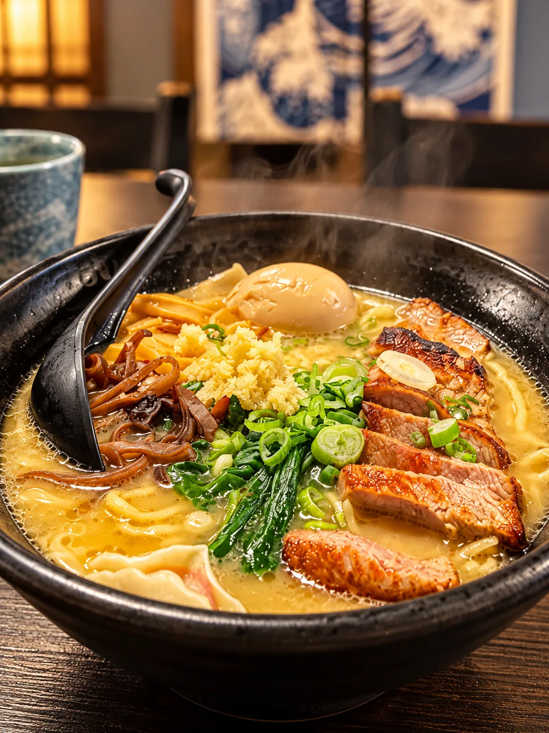 Bowl of tonkotsu ramen with char-siu, soft egg and wood ear mushroom